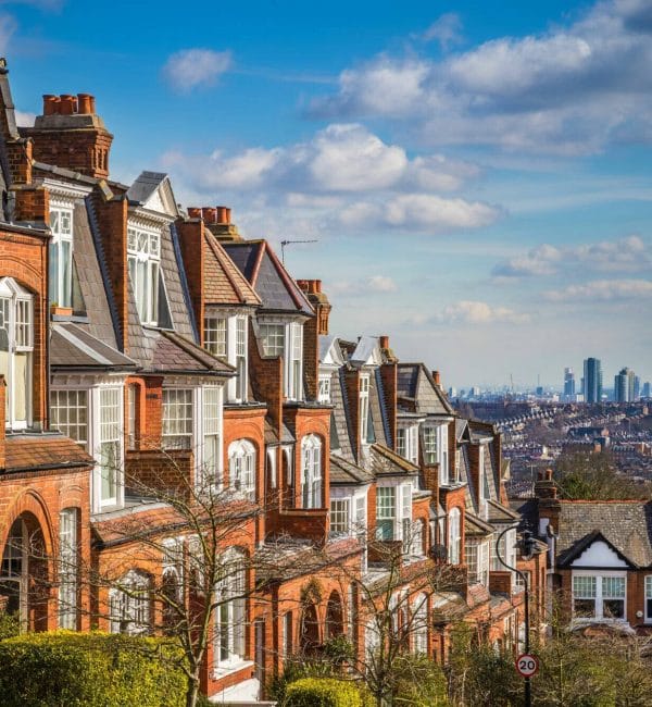 Red-brick Victorian terraced houses with the London skyline beyond.